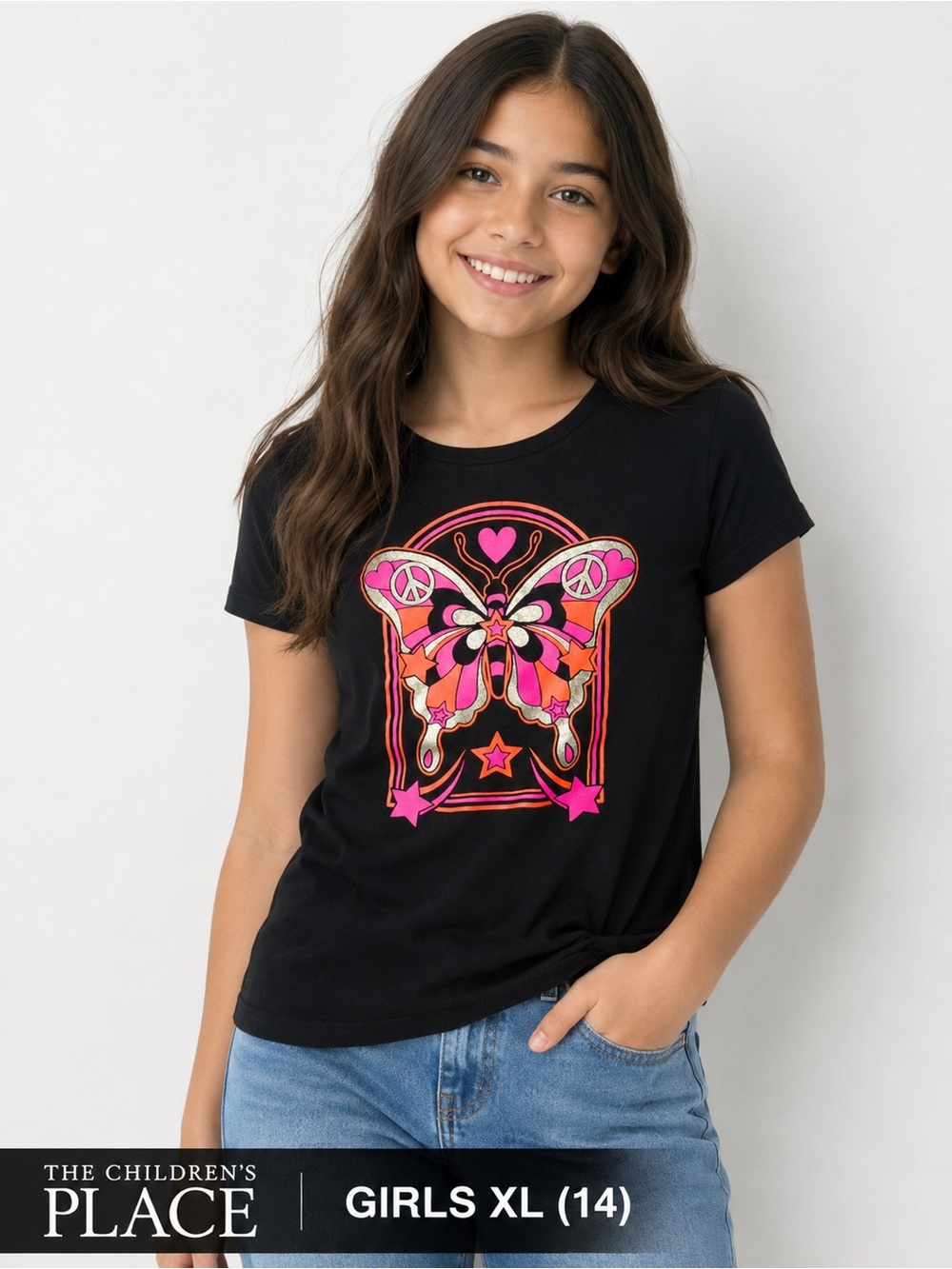 The Children’s Place Girls XL (14) Black Butterfly Graphic Tee Peace & Retro